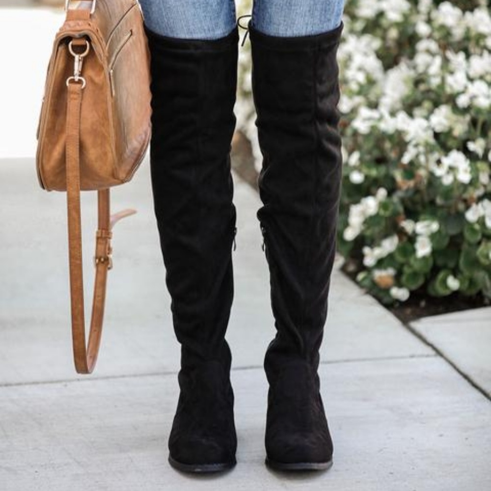 Vegan Suede Over the Knee Black Boots - Picture 2 of 5